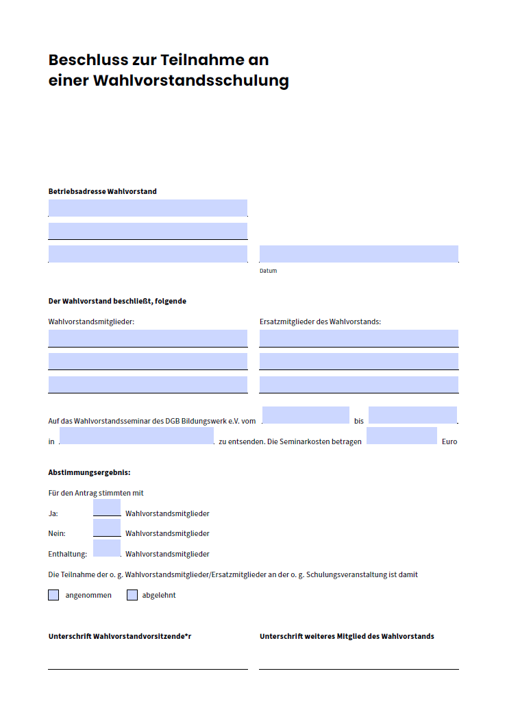 Beschluss zur Teilnahme an einer Wahlvorstandsschulung (Musterformular) BRQ Coverbild